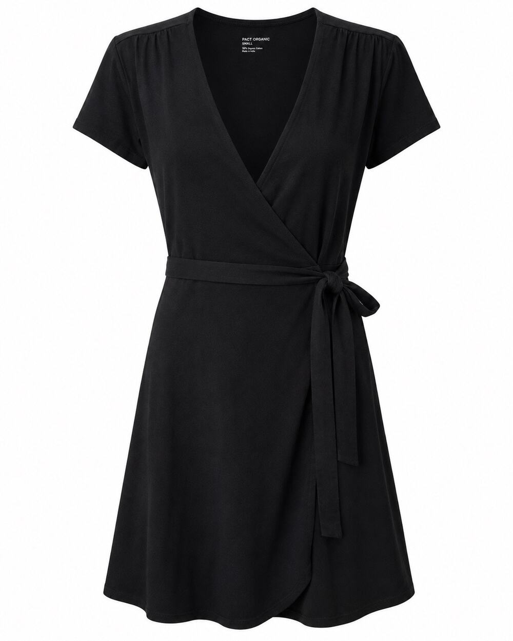PACT Organic Cotton Black Wrap Dress V Neck Short Sleeve Small Minimalist